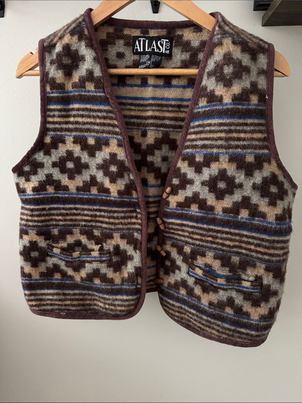 At Last Brown, Cream & Blue Patterned Wool Vest